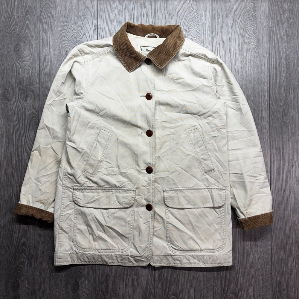 LL Bean Vintage Womens Medium Barn Coat Tan Cotton Canvas Corduroy Collar Jacket